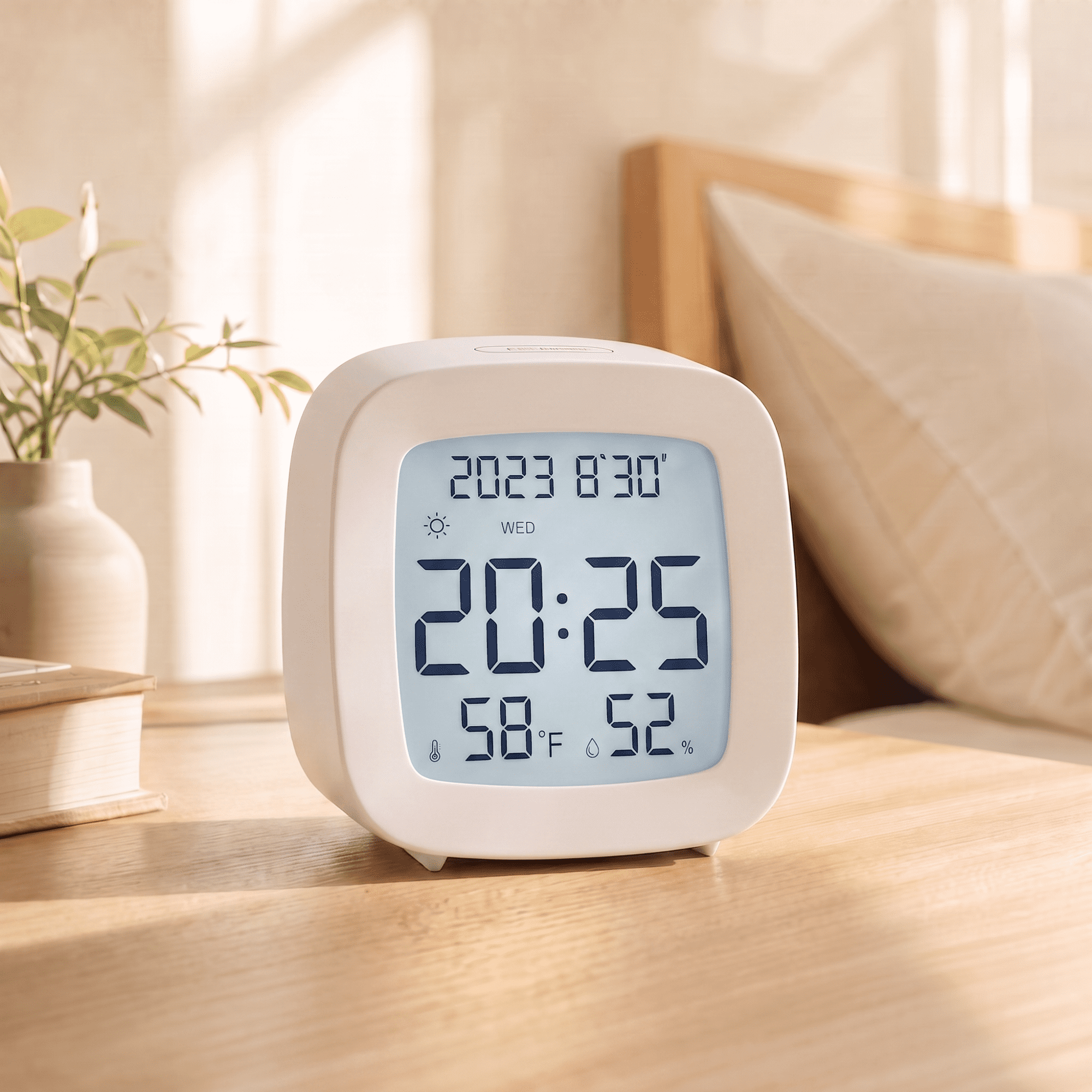 DAYBETTER Digital Alarm Clock, Touch Backlight Small Desk Clock, Battery Operated, Display Time Date Week Temperature Humidity, Snooze Function, Portable Clock for Bedroom Living Room Office