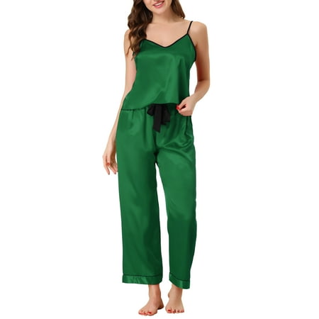 

cheibear Women s Summer Suspenders Soft Ice Silk Pajamas Home Clothes Three Piece Set