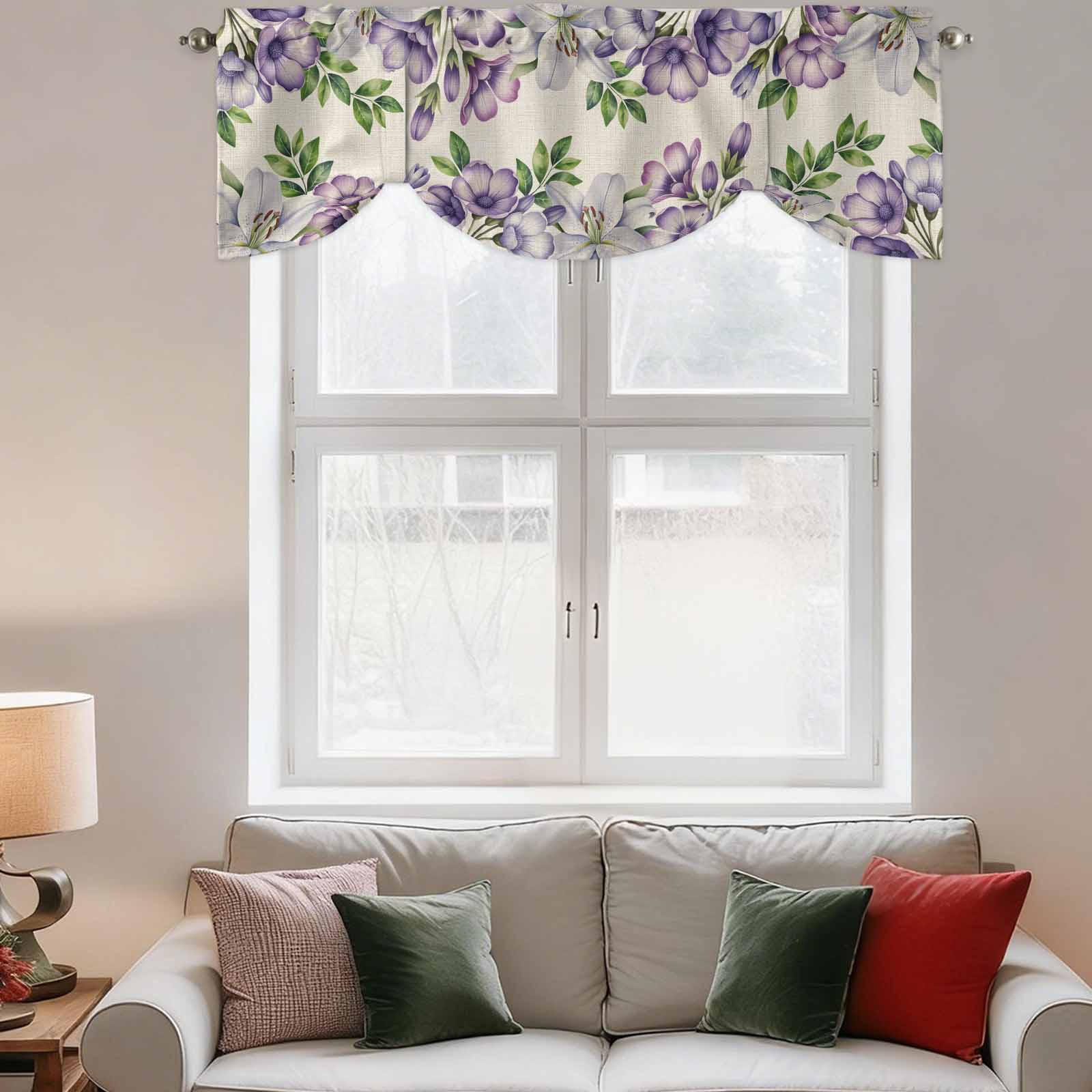 Purple White Flowers Tie Up Valance for Windows, Spring Plants Green Leaf Watercolor Linen Texture Adjustable Rod Pocket Tie Up Valance Curtains for Kitchen Bathroom Bedroom 60 X 18 Inch