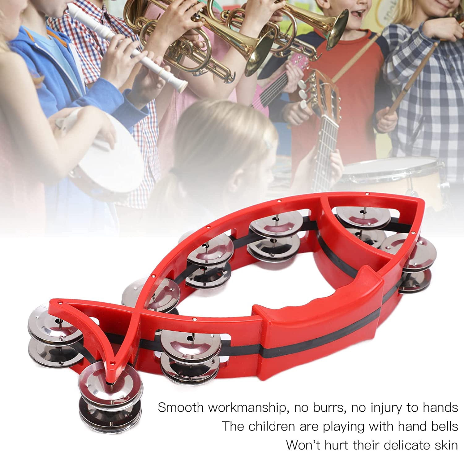 ABPETE Fish Shaped Hand Bell Hand Tambourine Bells Hand Shaking Percussion Musical Rhythm Instruments Smooth Fish Shaped Double Row Tambourines(Red)