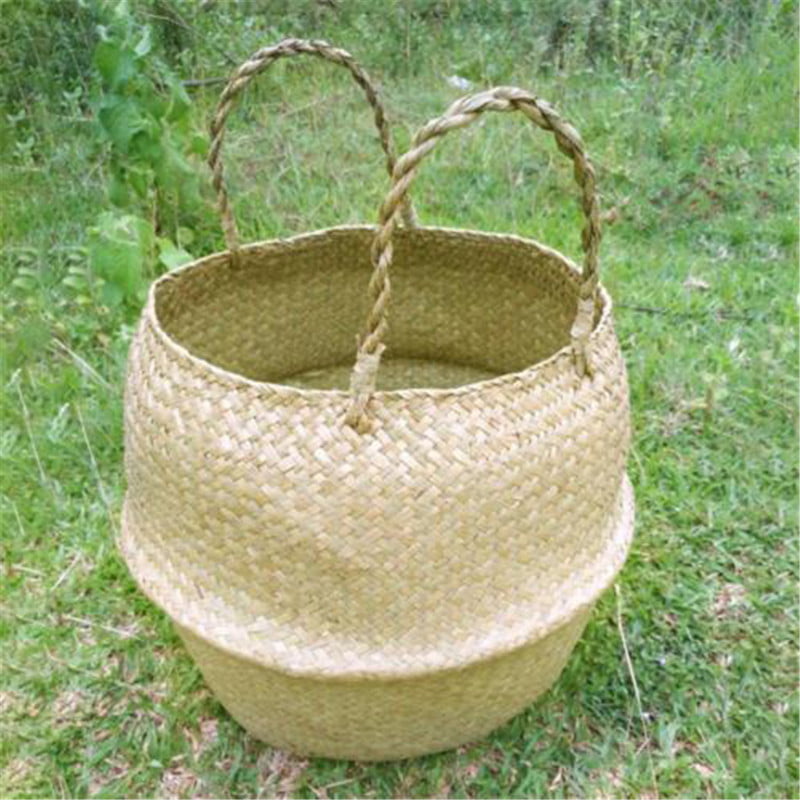 Basket Rattan Folding Wicker Handle Round Natural Sea Grass Plant Storage WoodSJ 