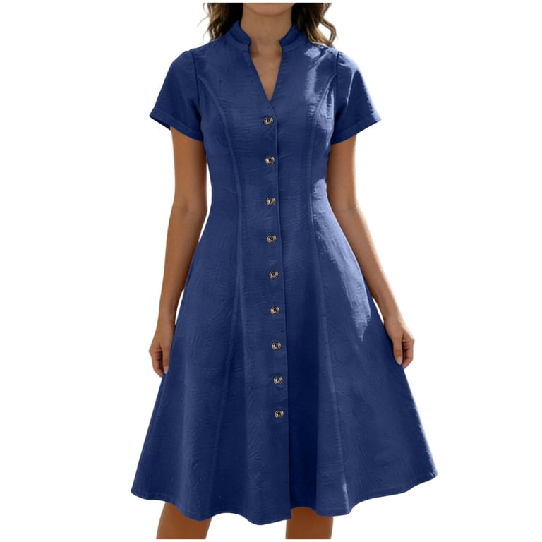 Cocolona Summer Dresses for Women Button V Neck Short Sleeve Midi Dress Ruffle Flowy Sun Dress, Women's, Size: Medium, Blue