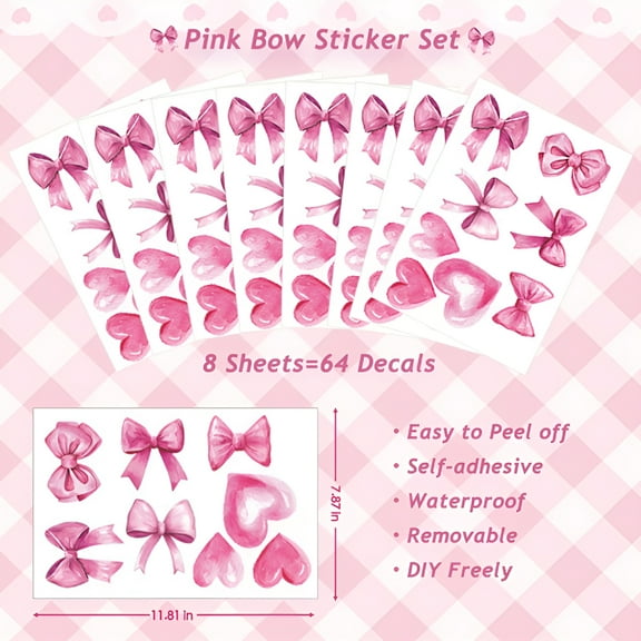 LAMIRO 64Pcs Cute Pink Bow Wall Stickers-Removable Bow Heart Wall Decals,Coquette Room Decor for Girls Bedroom Nursery Bow Decor for Girls Room