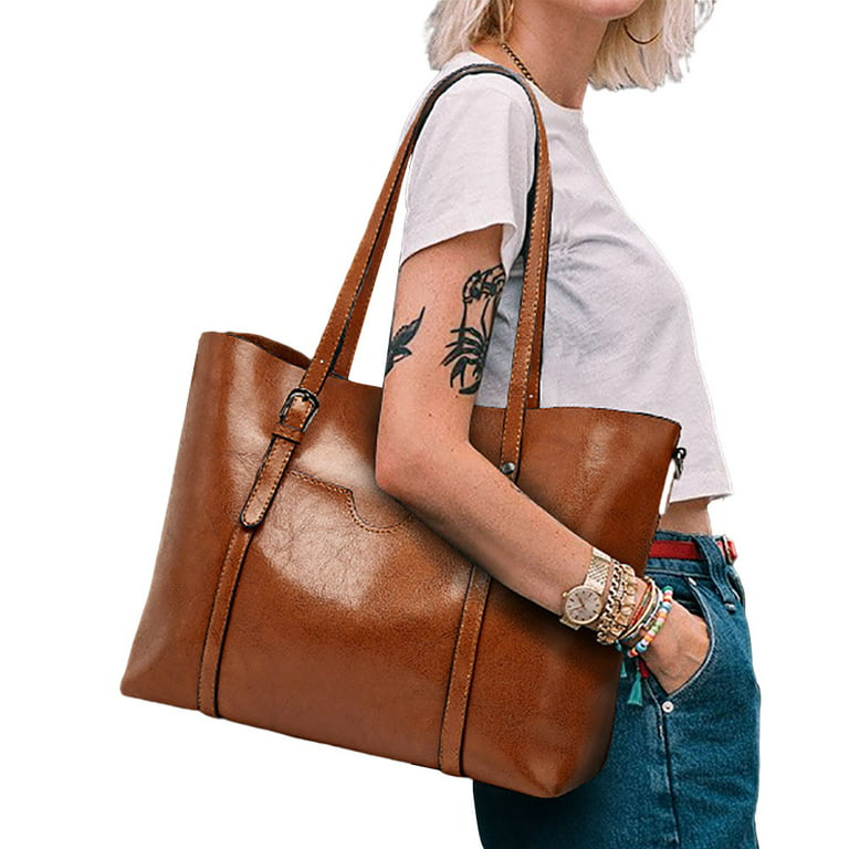 Women PU Leather Big Shoulder Bag Purse Handbag Tote Bags - Brown -  C218625DTSW