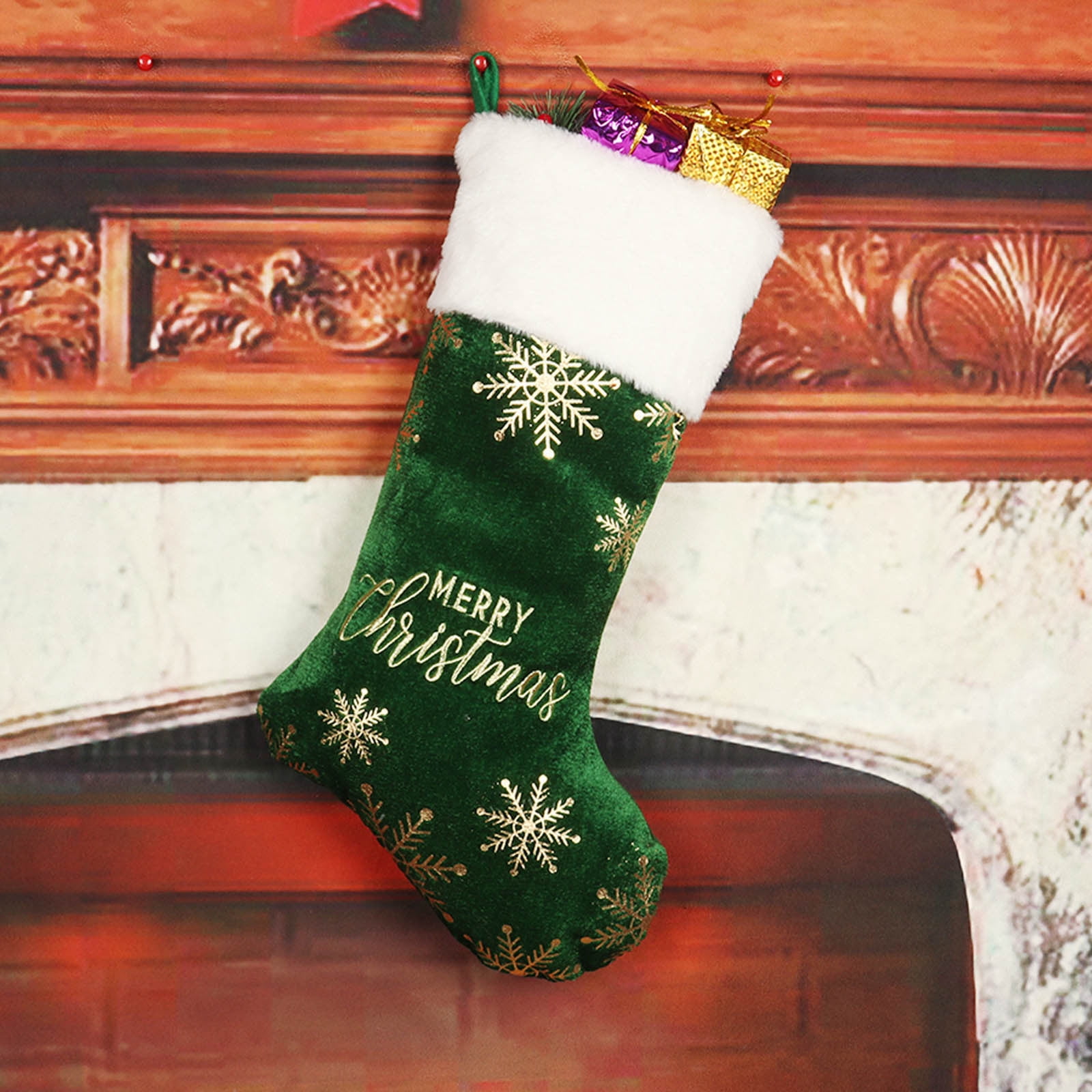 1pc Christmas Stockings, CXALSSY Personalized Gold Stamp Needlepoint Christmas Stockings, Green XMAS Candy Stockings for Christmas Tree Ornament