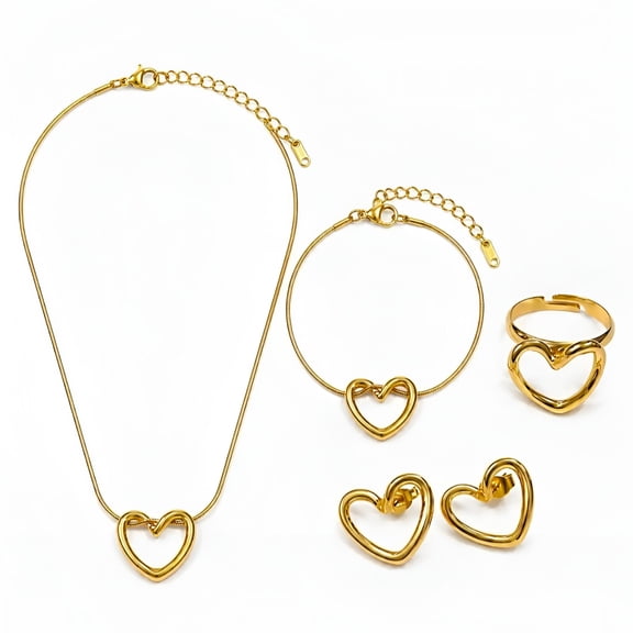 AL MARJAN 4-Piece Heart Jewelry Set with Pendant Necklace, Stud Earrings, Adjustable Bracelet & Ring, Matching Fashion Jewelry Set for Everyday Wear and Gifting