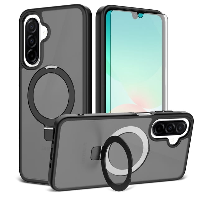 Asuwish Phone Case for Samsung Galaxy A16 A26 A17 5G/4G Tempered Glass Screen Protector Magnetic Folding Stand Frosted Translucent Rugged Shockproof Protective Cell Cover A 16 26 16A Women Men Black