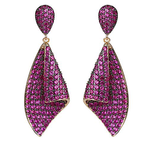 14K Gold Spiral Design Crystal Drop Earrings for Women,Dainty Petal Shape Pave Crystal Long Dangle Earrings,Luxury Jewelry Gift for Her