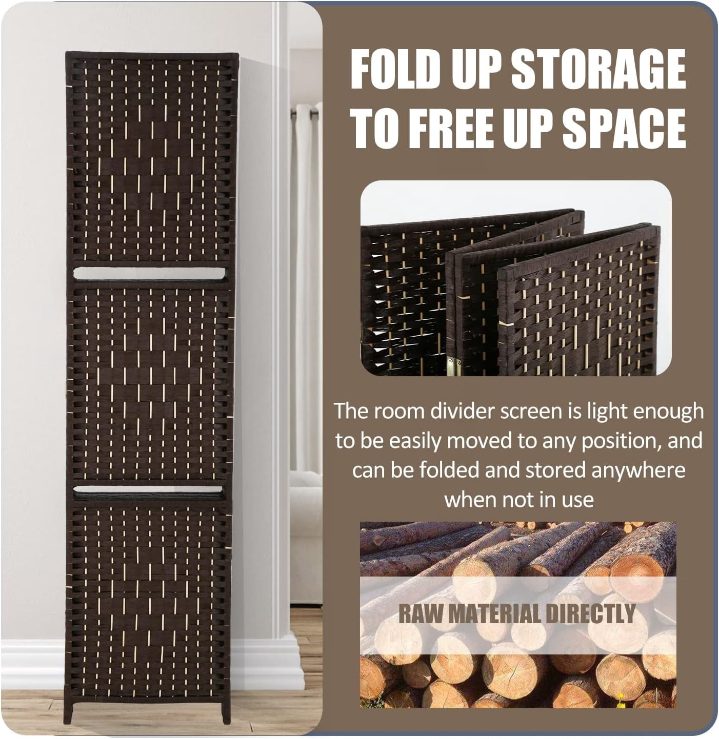 Dkelincs 6ft 4 Panel Wood Room Divider and Folding Privacy Screen with 2 Tier Display Shelves,Brown