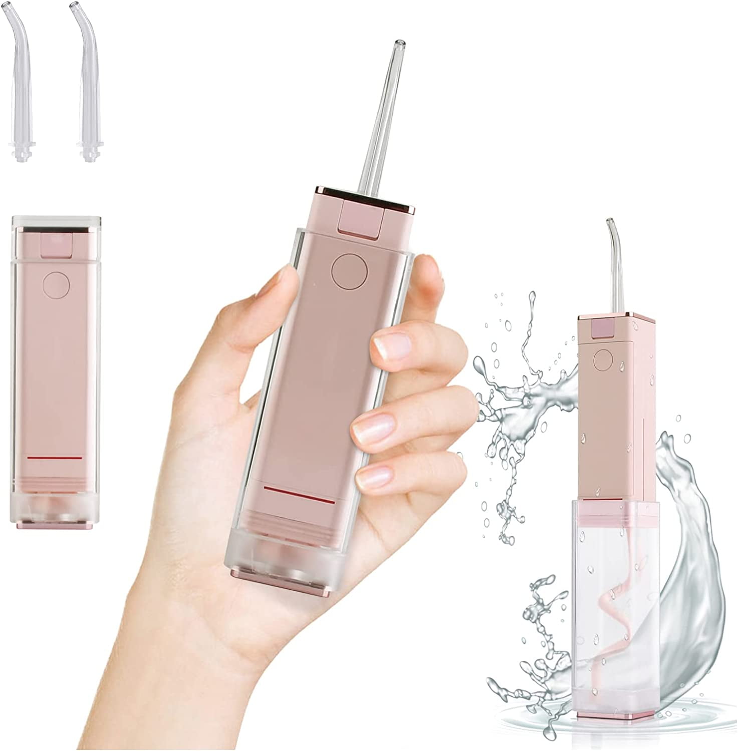 NEWDERMO Water Flosser - Professional Mini Pocket Cordless Dental Oral Irrigator with 60ML Water Tank, USB Rechargeable, IPX65 Waterproof, 2 Modes, for Dating / Business (Pink)