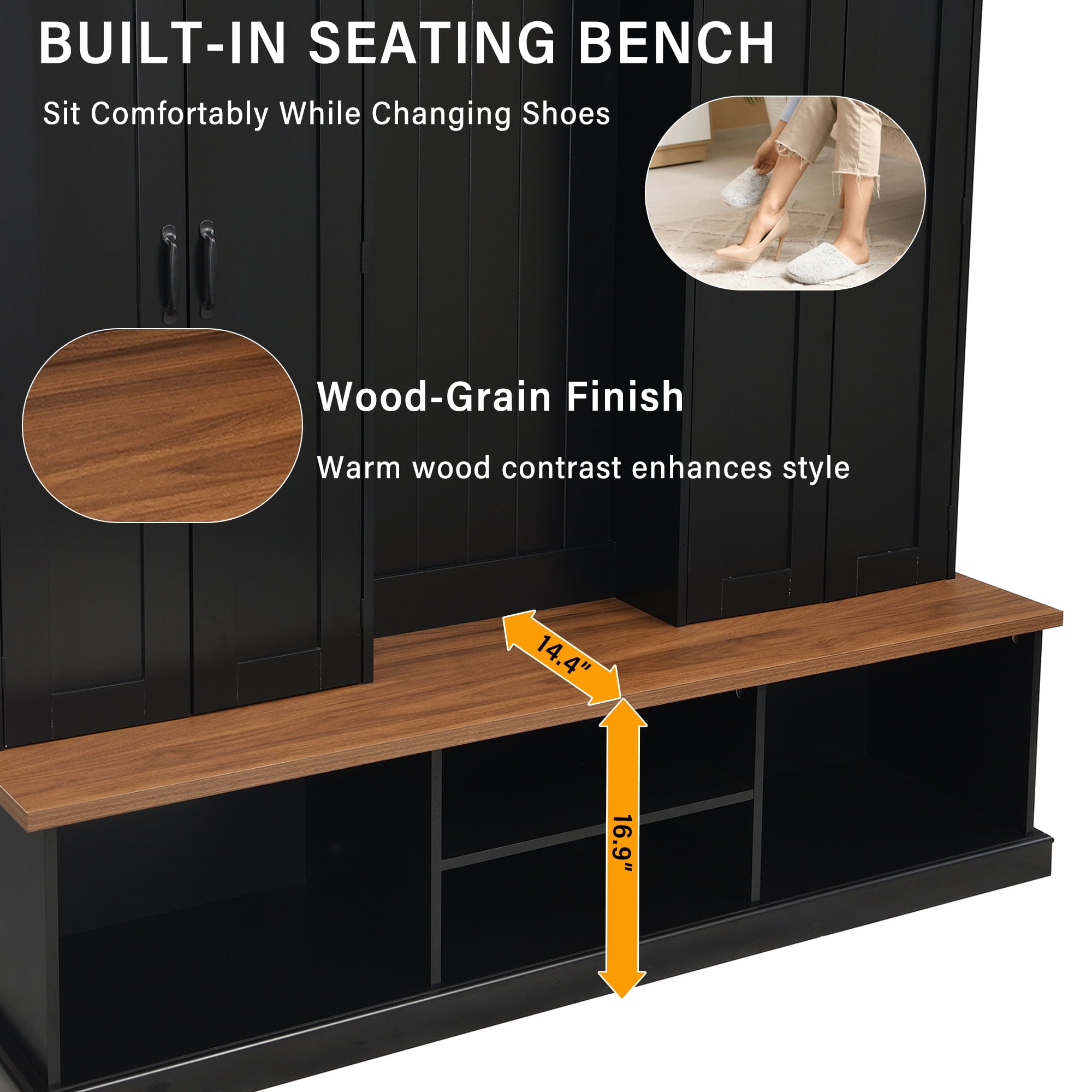 Mintazer 62.2"W Entryway Hall Tree with Coat Rack, Storage Bench & 3 Top Cubbies, Freestanding Shoe Cabinets for Hallway, Mudroom, Bedroom, Black