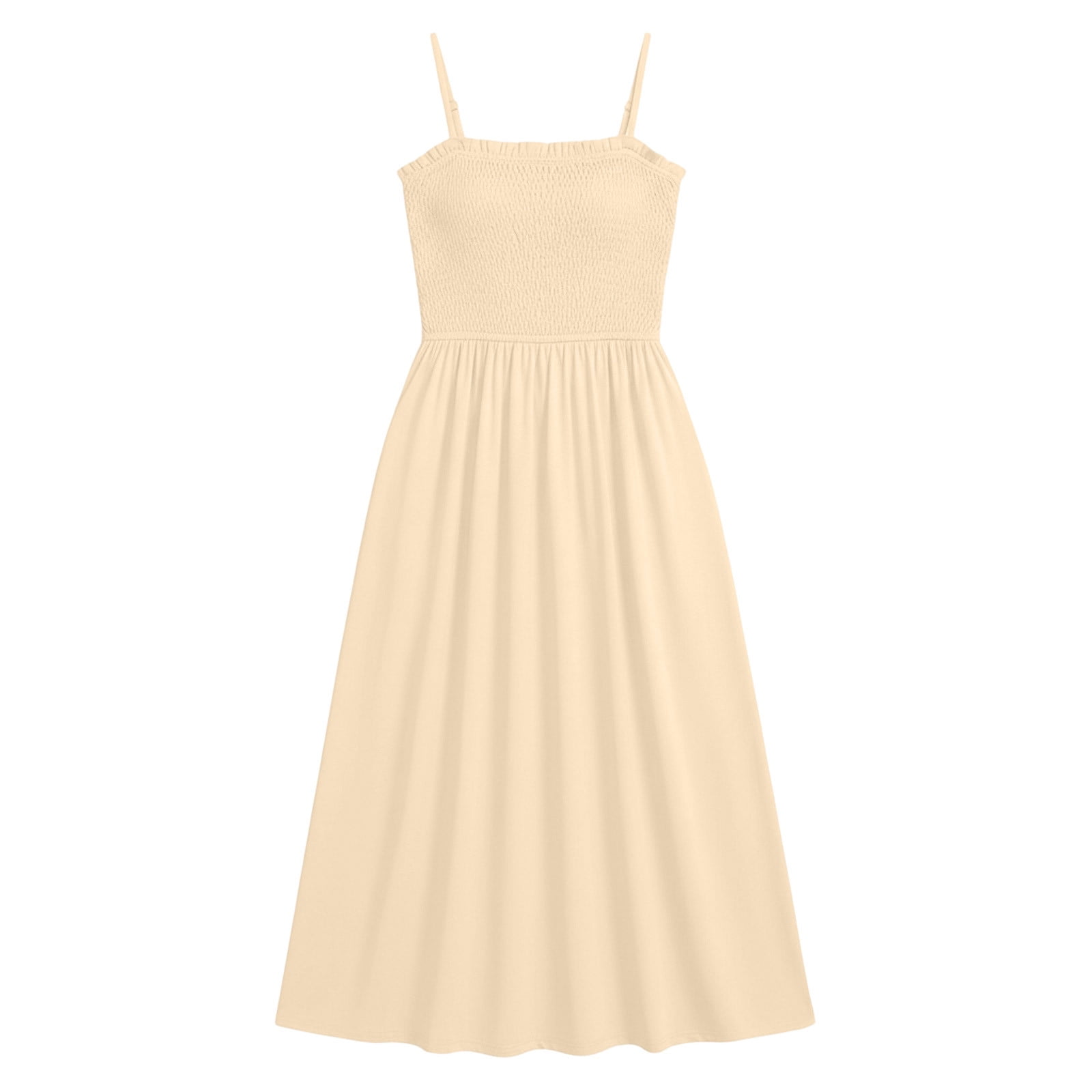 Hueook Womens Dresses Women's Bohemian Spaghetti Strap Sleeveless Long Beach Sun Dresses Solid Maxi Dress Beige S