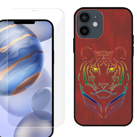 Slim-Fit Protective Phone Case (Black) compatible with iPhone 12 / iPhone 12 Pro, with Tempered Glass Screen Protector, by OneToughShield ® - Night Tiger