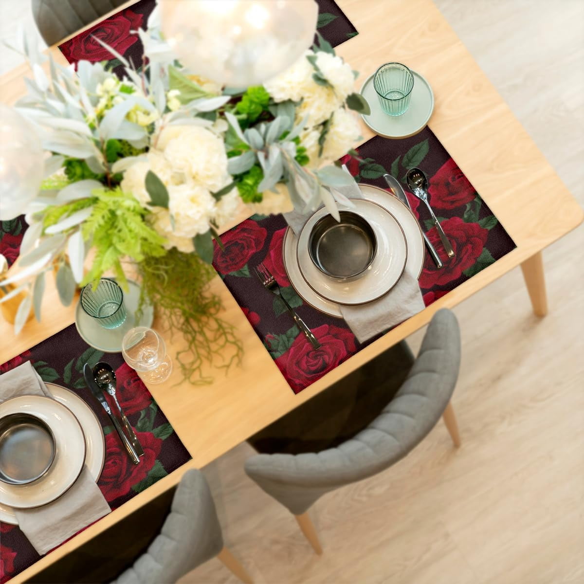Placemats Set of 6 Valentine''s Day Romance Roses Fabric Placemats Square Placemat for Kitchen Table Heat Resistant, Easy to Clean Table Placemats 12x18 Inch
