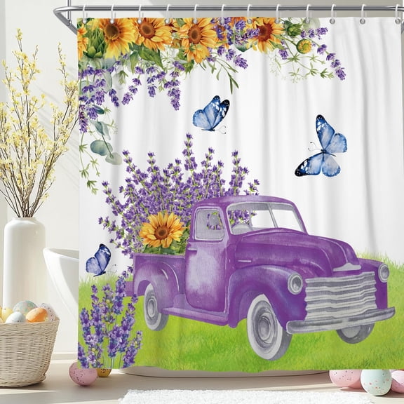 Pbobriich Easter Shower Curtain for Bathroom ,Rustic Purple Truck Sunflower Butterfly Floral Shower Curtain Waterproof Fabric with 12 Hooks 72''x72''