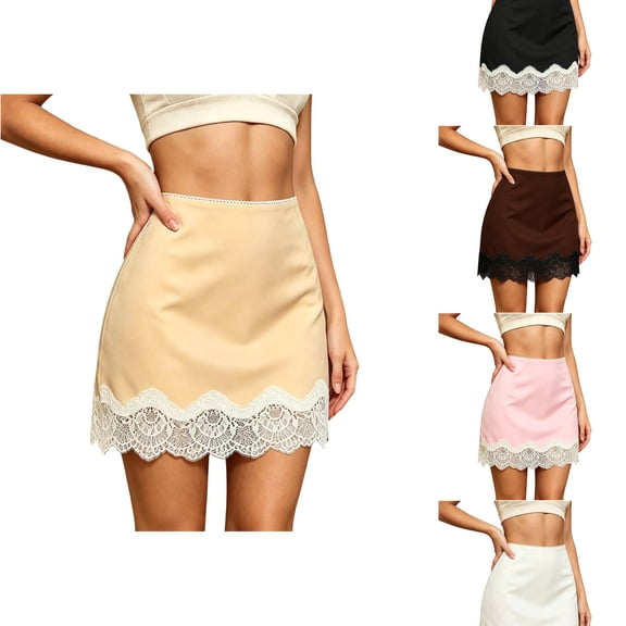 ZHOGXU Women's Skirt Summer High Waisted Lace Trim A Line Elegant Comfortable Slim Fit Mini Skirts For Casual Daily Wear,Light Yellow,S
