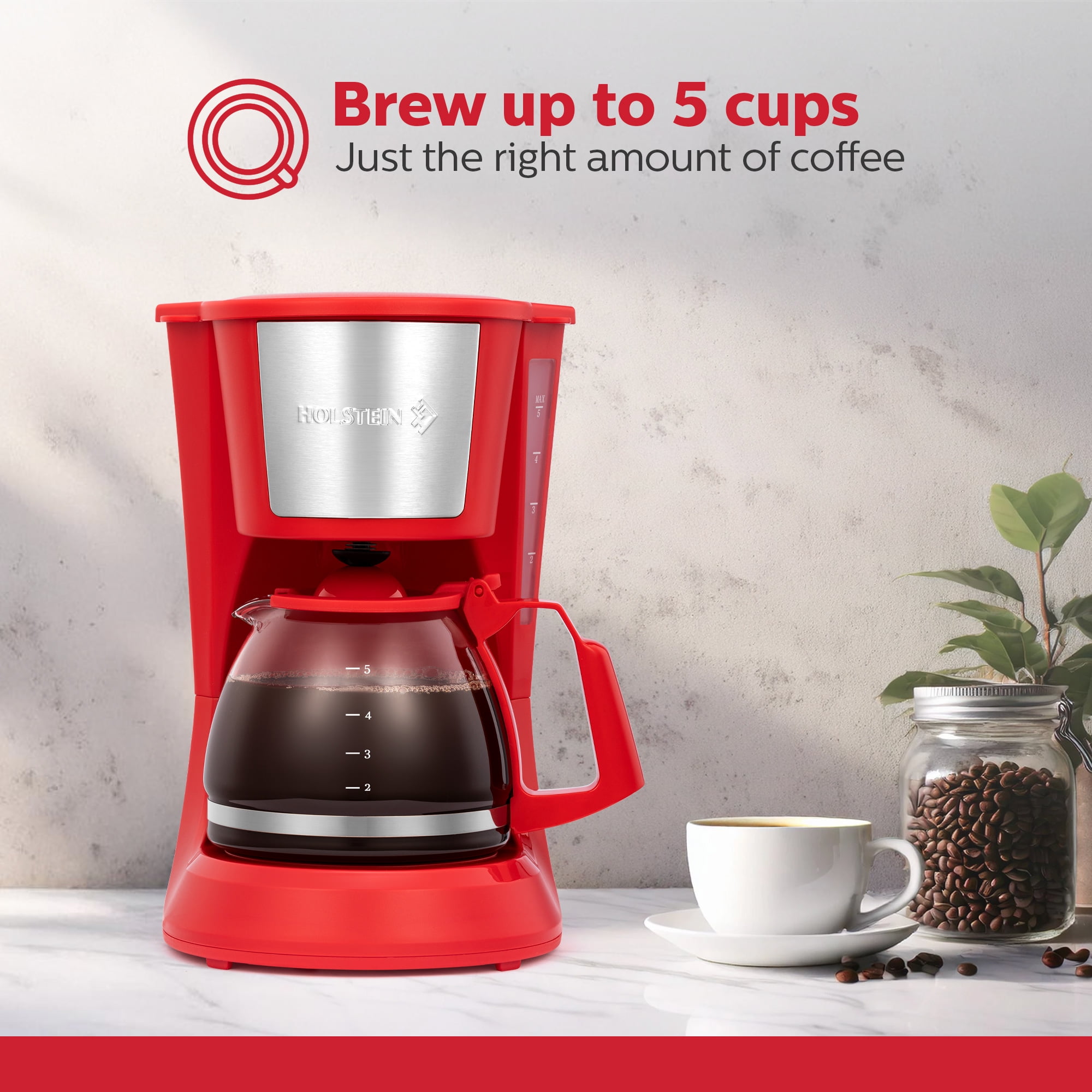 Holstein Housewares 5-CUP Coffee Maker - Space-Saving Design, Auto Pause and Serve, and Removable Filter Basket for Fresh and Rich-Tasting Coffee - RED