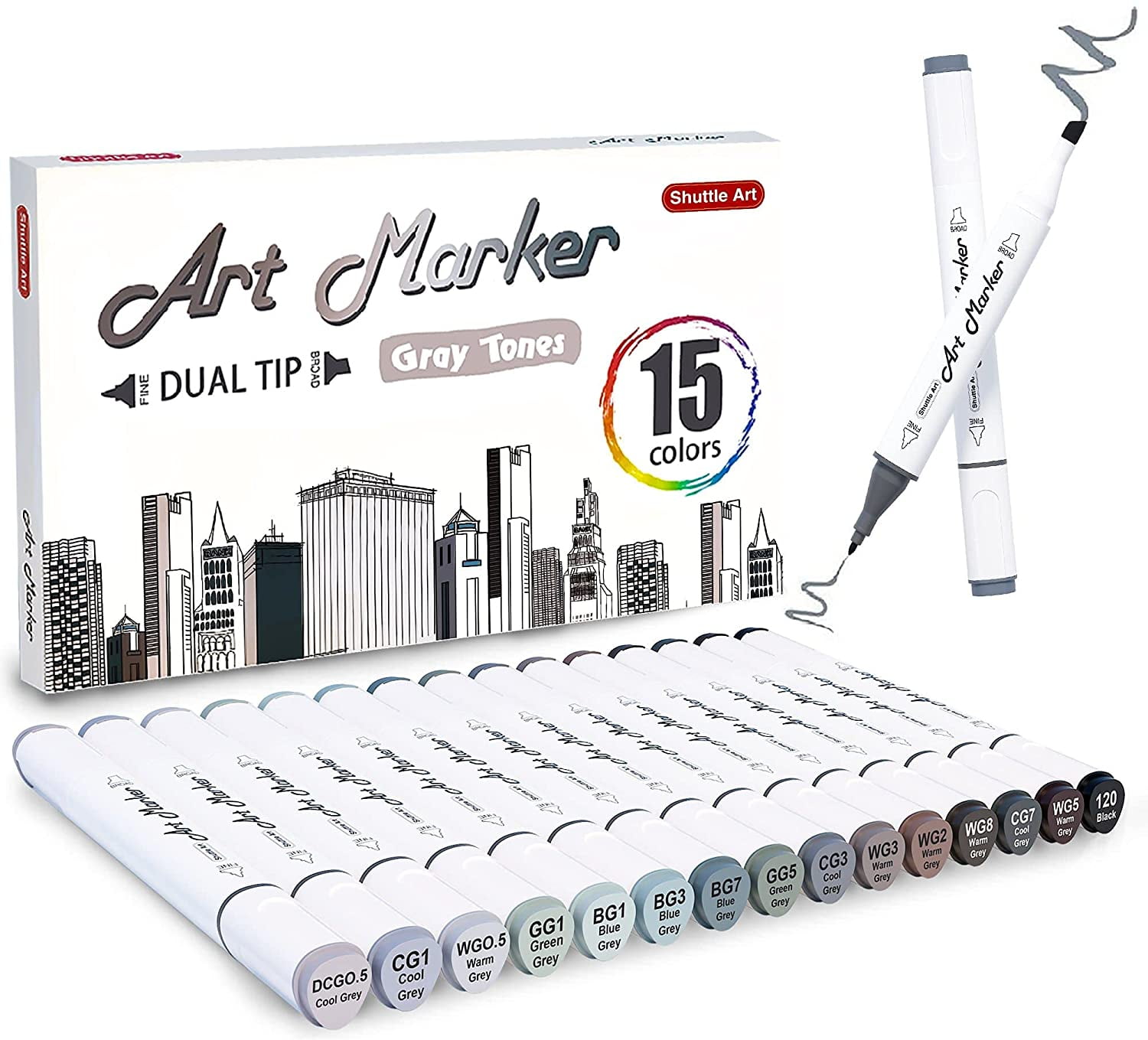 Shuttle Art 15 Colors Grey Tones Dual Tip Art Marker, Permanent Marker Pens Double Ended with Fine Bullet and Chisel Point Tips Perfect for Drawing,Shading,Sketching,Designing,Outlining,Illustrating