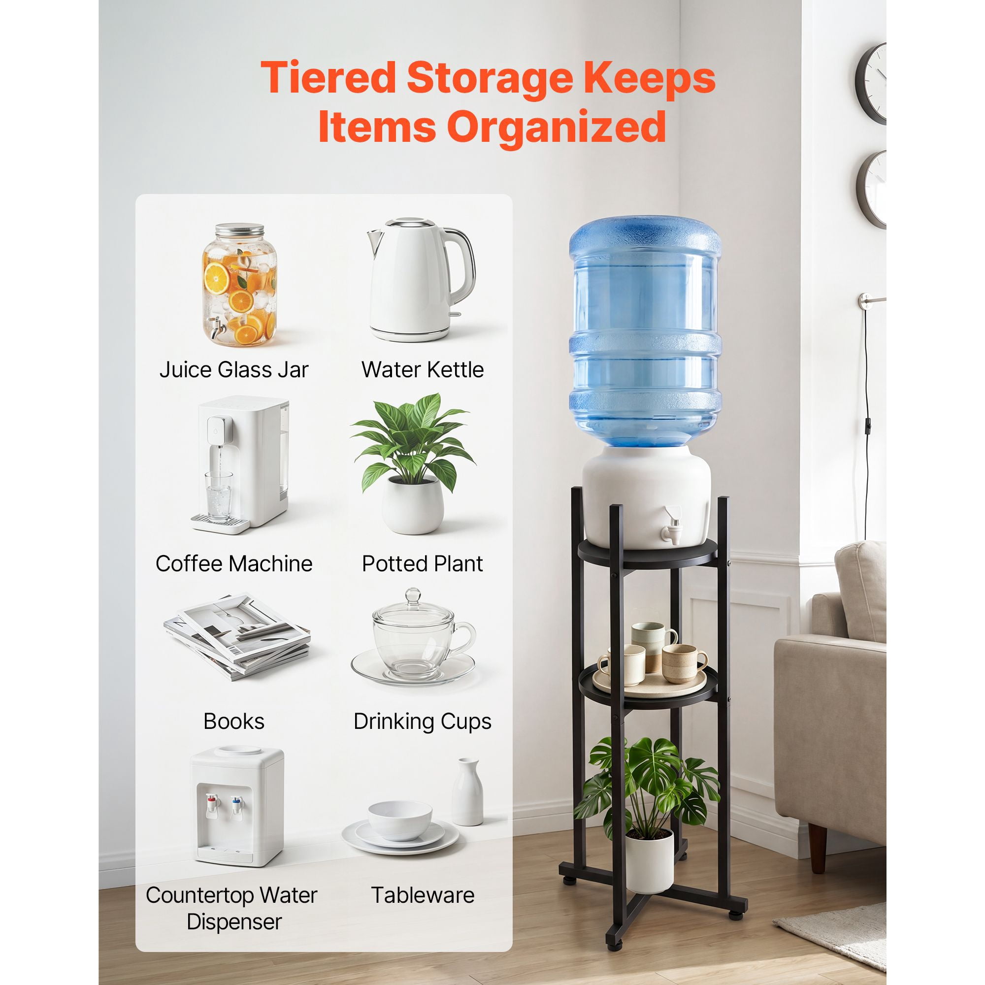 Water Dispenser Stand, 2 Tiers Water Jug Holder for 1 Bottle, Heavy Duty Jug Rack Organizer with Detachable Storage Shelf, Cross-Shaped Stable Base, for Kitchen, Office, Living Room, Black