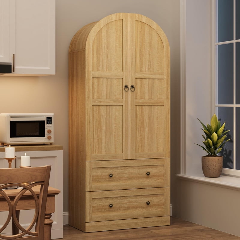 TROPOW 72 in Tall Arched Kitchen Pantry Cabinet, Farmhouse Wood Pantry Storage Cabinet with 2 Large Drawers, Wood Door, Freestanding Versatile Pantry Cabinets for Dining, Living Room