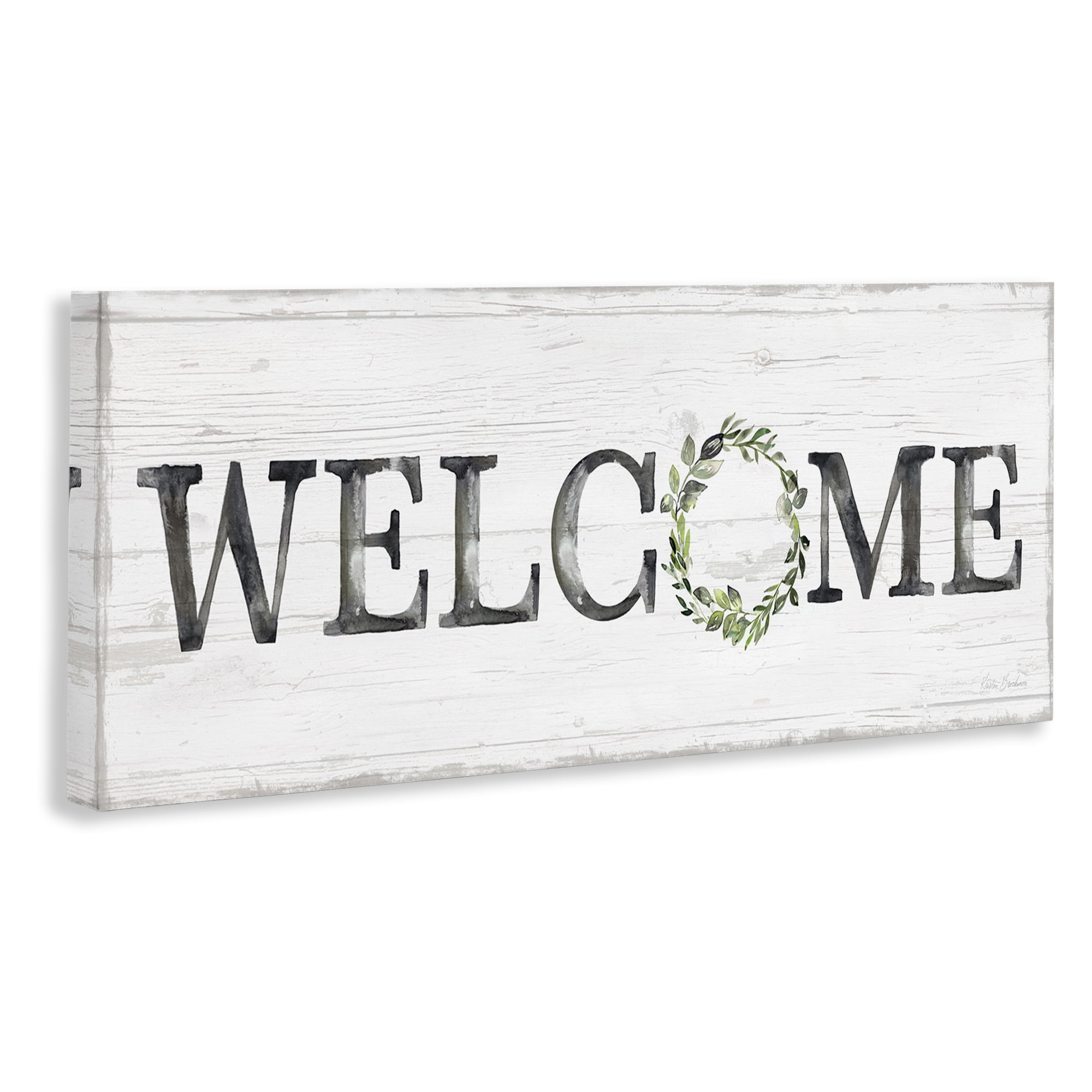 Stupell Industries Welcome with Floral Wreath Text & Numbers Painting Wrapped Canvas Art Print Wall Art, 30 x 13