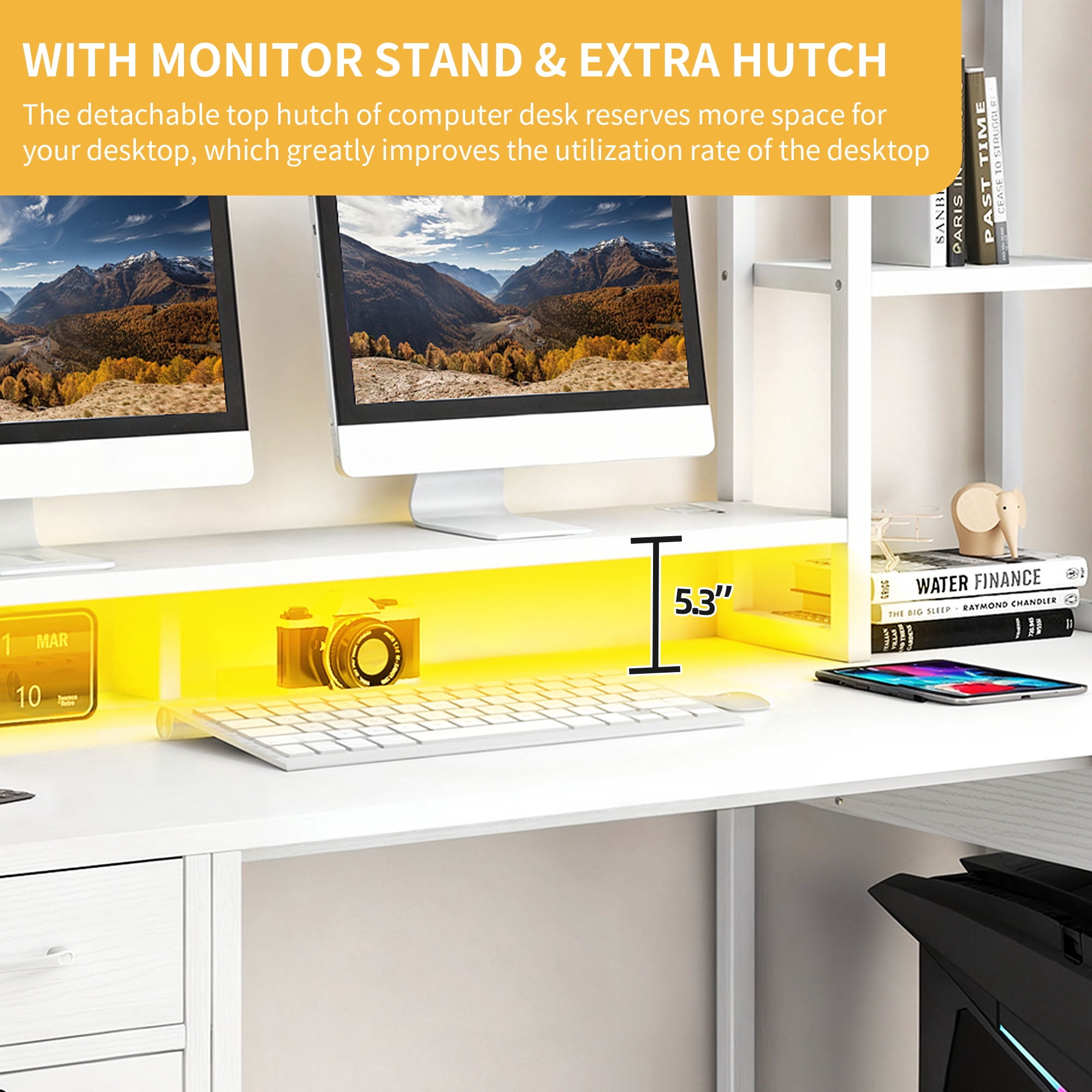 Uforic Computer Desk with Hutch& Led Light, Gaming Desk with Power Outlets, Home Office Desk, White