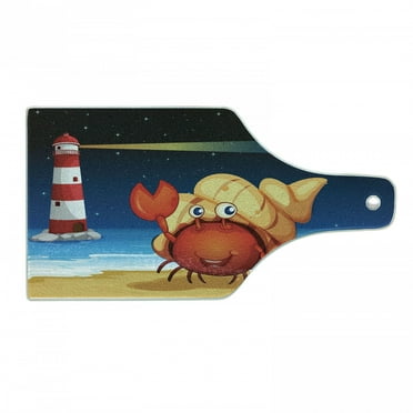 Crabs Cutting Board, Illustration of Marine Creature Under a Shell at the Beach at Night with a Lighthouse, Tempered Glass Cutting and Serving Board, Wine Bottle Shape, Multicolor, by Ambesonne