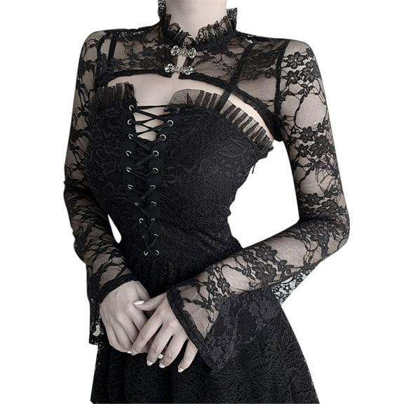 Tiqkatyck Corset Tops for Women, Women Alluring Gothic Retro Elegant Black Lace Long Sleeve Hollow Shirt, Gothic Clothes for Women Black L