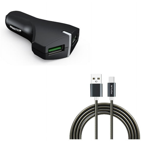 Type-C 3ft Metal USB Cable w 2-Port USB 36W Fast Car Charger K6M for Acer Liquid Jade Primo - Alcatel PulseMix, 7, Idol 5S 5 4S - ASUS Zenfone V Live, ROG Phone, AR 6 5z 4 Pro