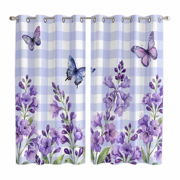Purple Flowers Kitchen Curtains Window Panels, Butterfly Spring Floral Checkered Farmhouse Insulated Window Treatment Curtain, Grommet Curtains for Bedroom/Living Room/Bathroom, 2 Piece 42"Wx63"L