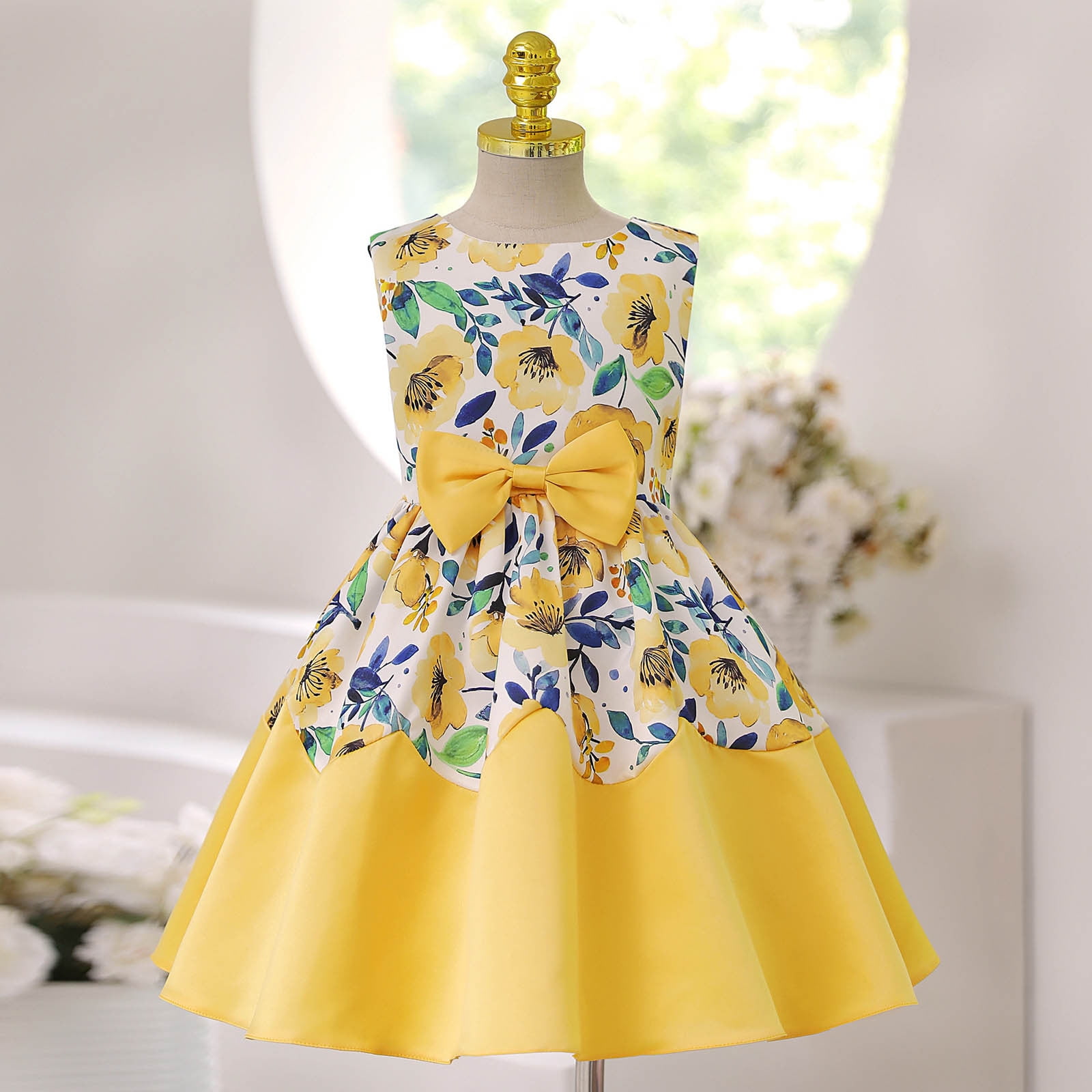 Zanvin Baby Clothes Toddler Girls Net Yarn Flowers Print Bow Ruffles Birthday Party Gown Long Dresses baby Dresses summer Clearance Saving Yellow Y