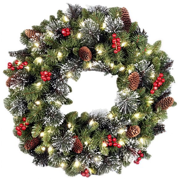 24 Inches Pre-Lit Christmas Wreath, Artificial Pine Wreath with LED Lights, Battery Operated Holiday Door Wreath with Frosted Tips, Pine Cones, Red Berries, Indoor Outdoor Xmas Ornament Home Decor