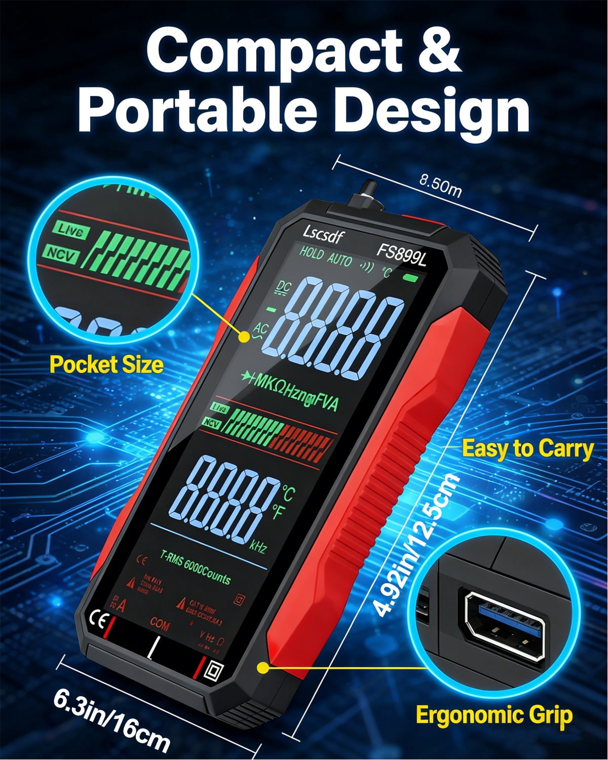 USB Rechargeable Digital Multimeter, 6000 Counts True Rms Tester with Color Screen, Fs899l Auto-Ranging for Home/Industrial/Car Electrical Testing, Measures Voltage Current Resistance