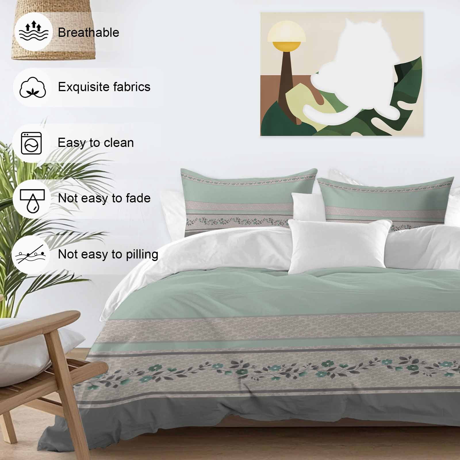 Turquoise Floral Bedding 3 Piece Duvet Cover Set Full Size, Modern Farmhouse Leaves Gray Striped Soft Microfiber Comforter Cover with Zipper Closure & Pillowcases, Wrinkle & FadeResistant Quilt Cover