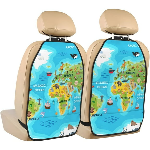 Xecao World Map With Animals Landmarks Pattern Car Seat Back Protector 2 Pack Large Capacity Pocket, Kick Mats Back Seat Protector