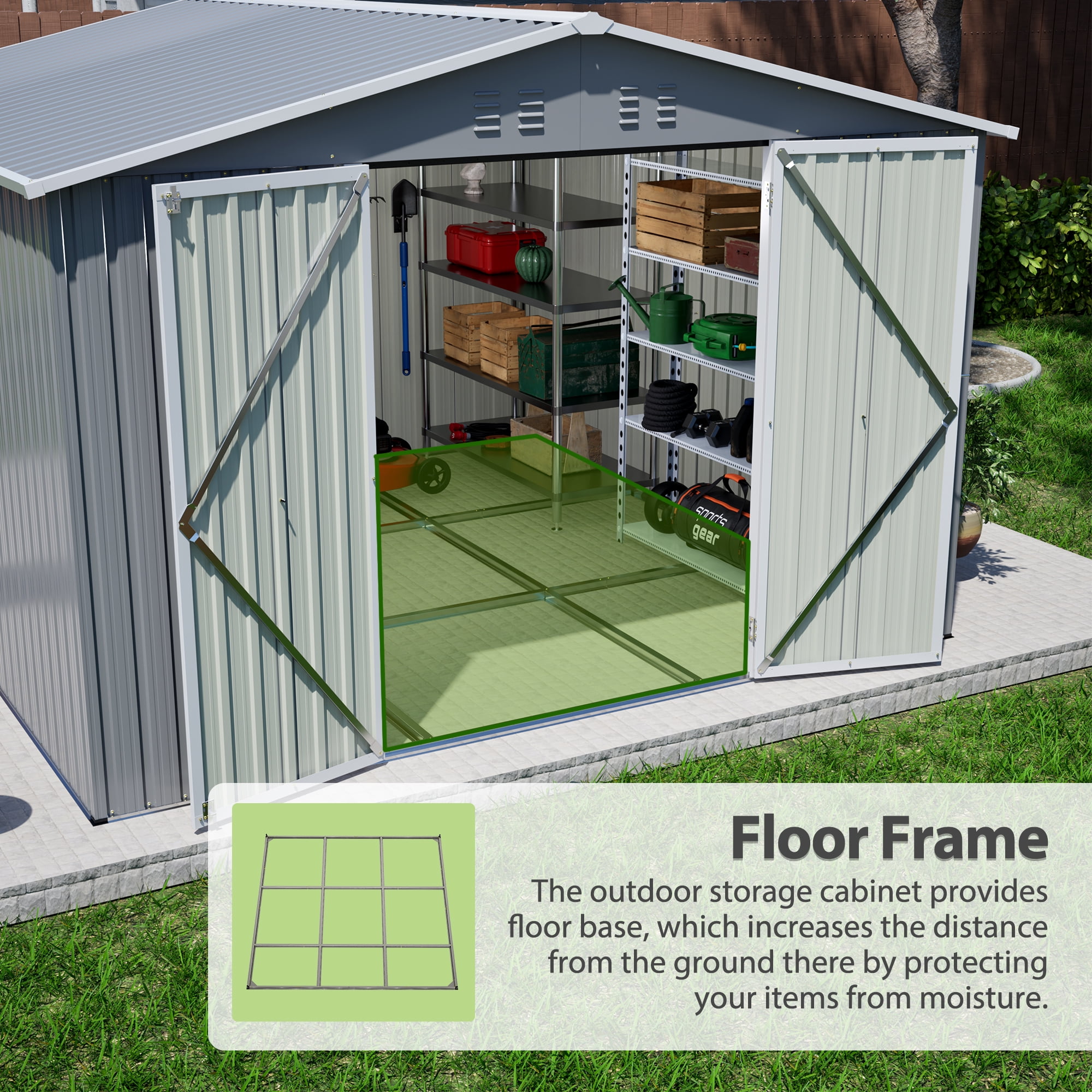 10x10 Ft Outdoor Storage Shed with Floor Frame, Metal Garden Tool Shed with Lockable Doors, Ideal for Backyard Garden Patio Lawn, Grey