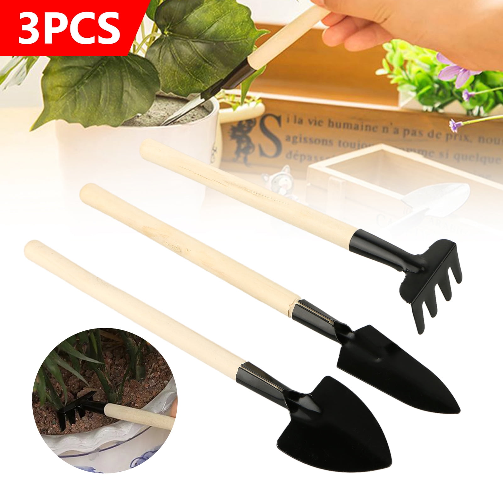 3pc/set Mini Garden Tool Sets Shovel Rake Spade Bonsai Tools Set Wooden Hand US 