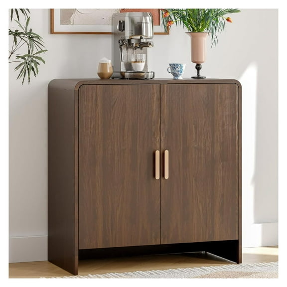 31.5" Sideboard Buffet Cabinet with Storage, Curved Design Farmhouse Coffee Bar Cabinet with 2 Doors & Adjustable Shelves for Living Room, Kitchen, Hallway, Walnut