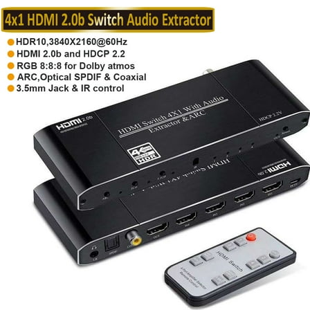AUBEAMTO HDMI Switch 4x1, HDMI Switch 4 in 1 Out, 4K@60Hz HDMI Switcher 4 Port with Audio Extractor Support HDCP 2.2, HDMI 2.0b, HDR Compatible for Fire TV, STB, DVD, Blu-Ray Player, PS4 Etc