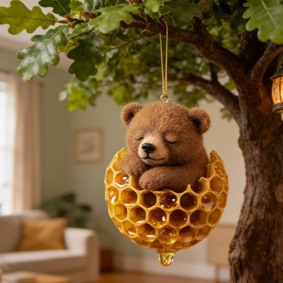 romoty Honey Bear Hanging Ornament, 3.15" Realistic 3D Effect Acrylic Sleeping Bear in Honeycomb for Nursery Decor, Car Mirror, Nature Themed Gift & Home Accents
