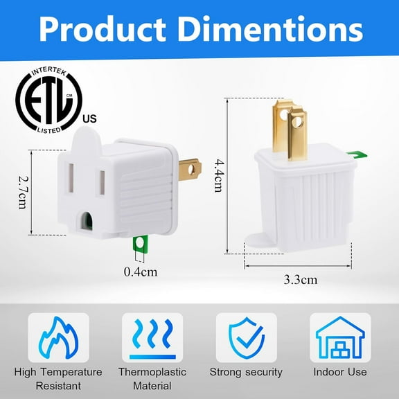GHRTGR-3-Prong to 2-Prong Outlet Adapter 5 Pack - Portable & Polarized 3 Pin to 2 Pin Grounding Converter Socket, Wall Outlet Plug Connector for Electrical, Household, Industrial, ETL Listed, White,