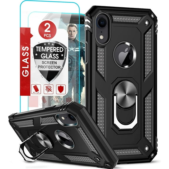3in1 Case Bundle for Apple iPhone XR Heavy Duty Case with Built-in Kickstand, Dual Layer Protection with 2 Clear Screen Protectors, Sturdy Case for Apple iPhone XR, Black