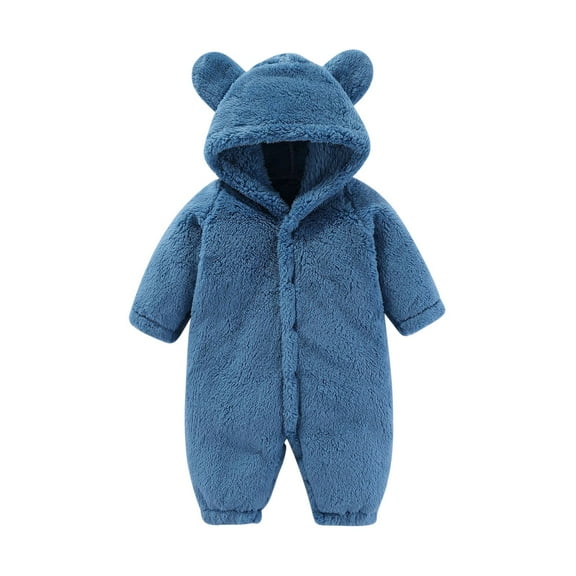 ZCFZJW Toddler Kids Baby Boys Girls Winter Sherpa Fleece Warm Hooded Rompers Long Sleeve Plush Thick Jumpsuit with Cute Bear Ear Hood Casual Button up Bodysuit Outfit Set Blue 6M