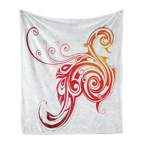 Phoenix Soft Flannel Fleece Throw Blanket, Bird with Swirled Wings Reborn Several Lives Design, Cozy Plush for Indoor and Outdoor Use, 60" x 80", Dark Orange White Red, by Ambesonne