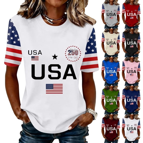 Evdexr Womens 250th Anniversary Usa Shirts 4th Of July T Shirts Patriotic Short Sleeve Usa Flag Print Tees 1776 2130 Crewneck Casual Plus Size Blouses Army Green L