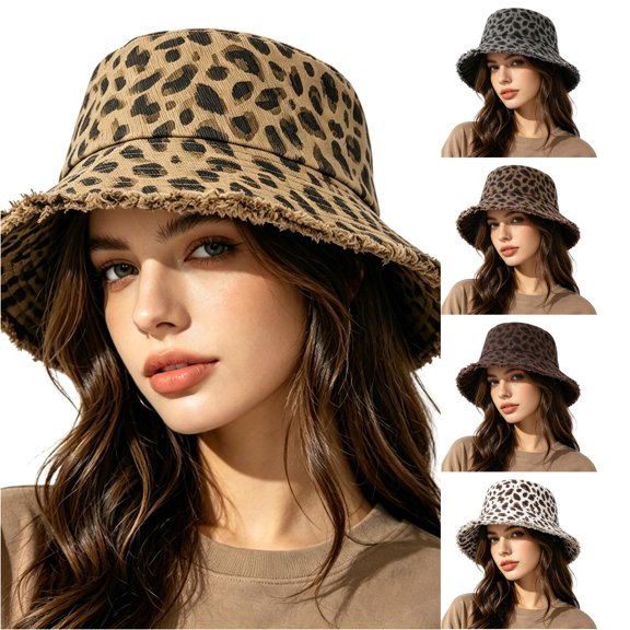 Unir Casual Wide Brim Sun Hat for Women, Leopard Print Frayed Edge Bucket Hat, Lightweight Summer Outdoor Hat, 1 Piece, One Size