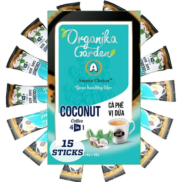 AMAZIN CHOICES Instant Coconut Coffee. Coconut Coffee 4-in-1 Single Serve Instant Coffee. No Soybeans added. Snack Viet - Coconut Coffee - Pack of One - 270g (15 Sachets x 18g)