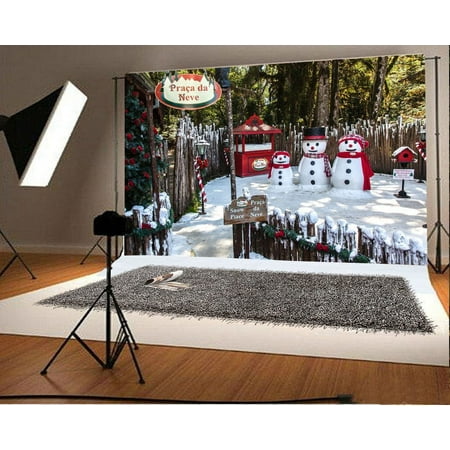 Image of Polyester Fabric Christmas Backdrop 7x5ft Photography Backdrop Park Snowman Candy Canes Flowers Christmas Decoration Fence Tres Winter Photos Shooting Video Studio Props