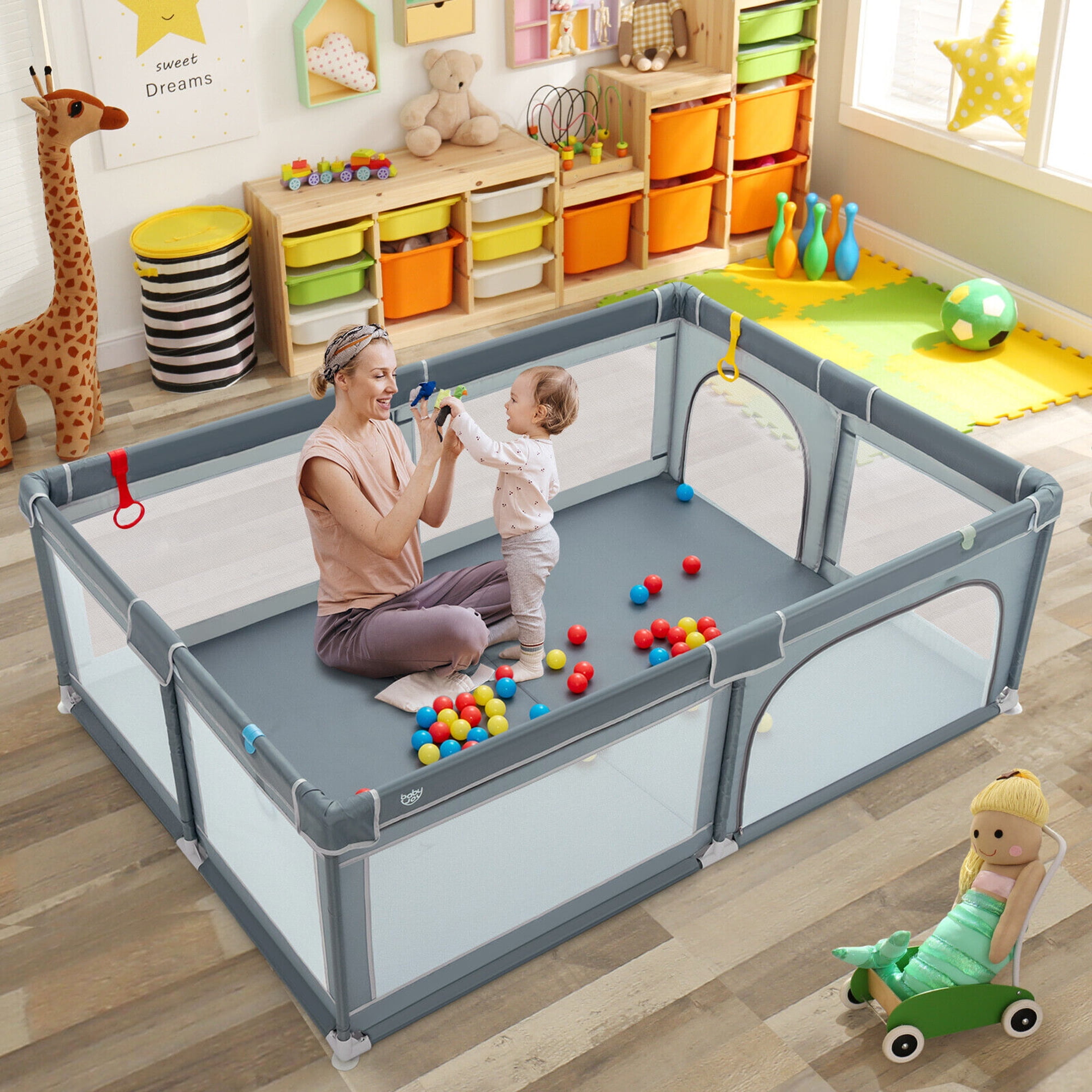 Gymax Baby Playpen Extra-Large Safety Baby Fence w/ Ocean Balls & Rings Dark Grey