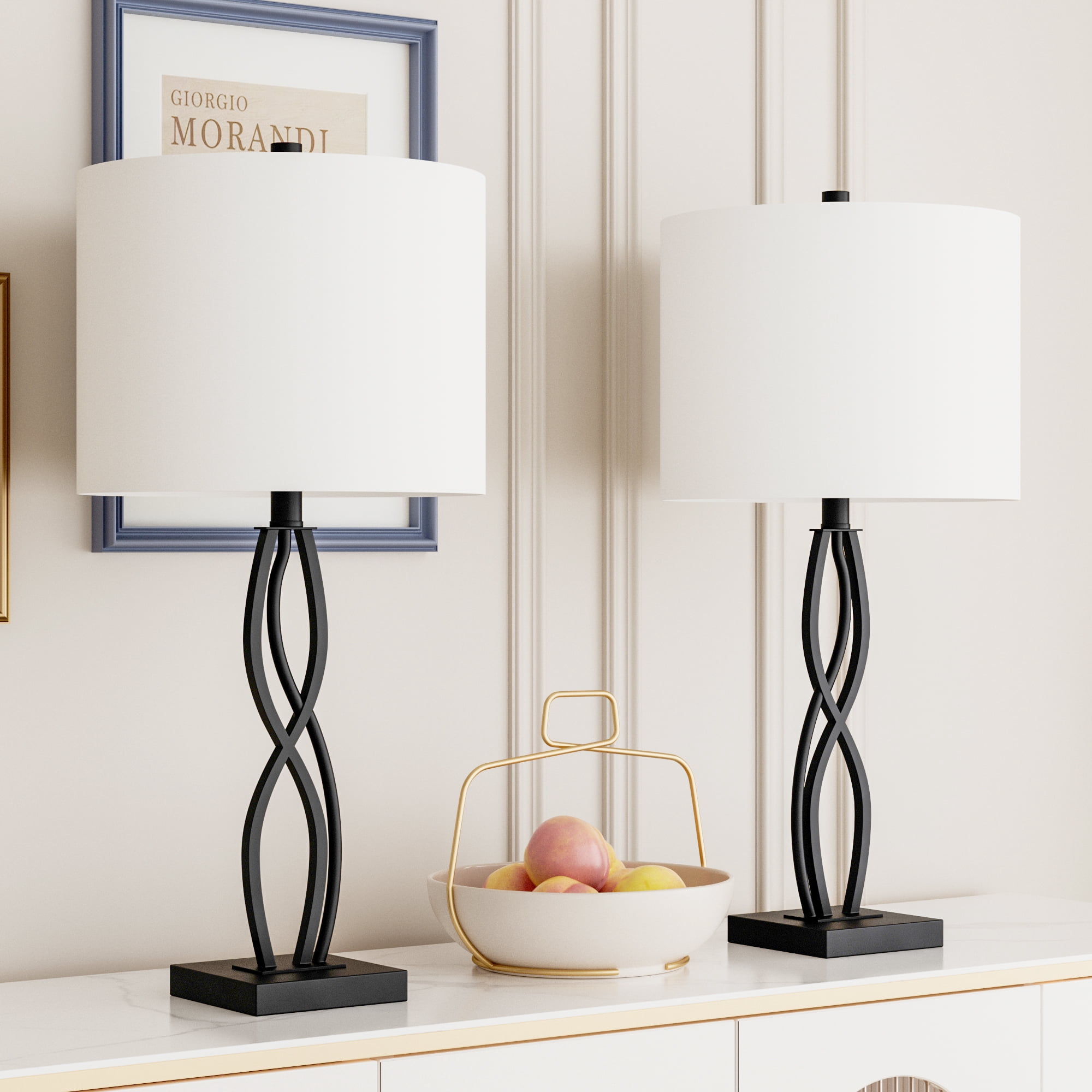Maxax 26" Large Black Table Lamp Set of 2 – Modern Metal Nightstand Lamps with White Fabric Shades for Living Room, Bedroom, and Office